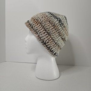 Handmade Unisex Crochet Knitted Beanie Hat White/Gray/Tan 10"Rx8"D